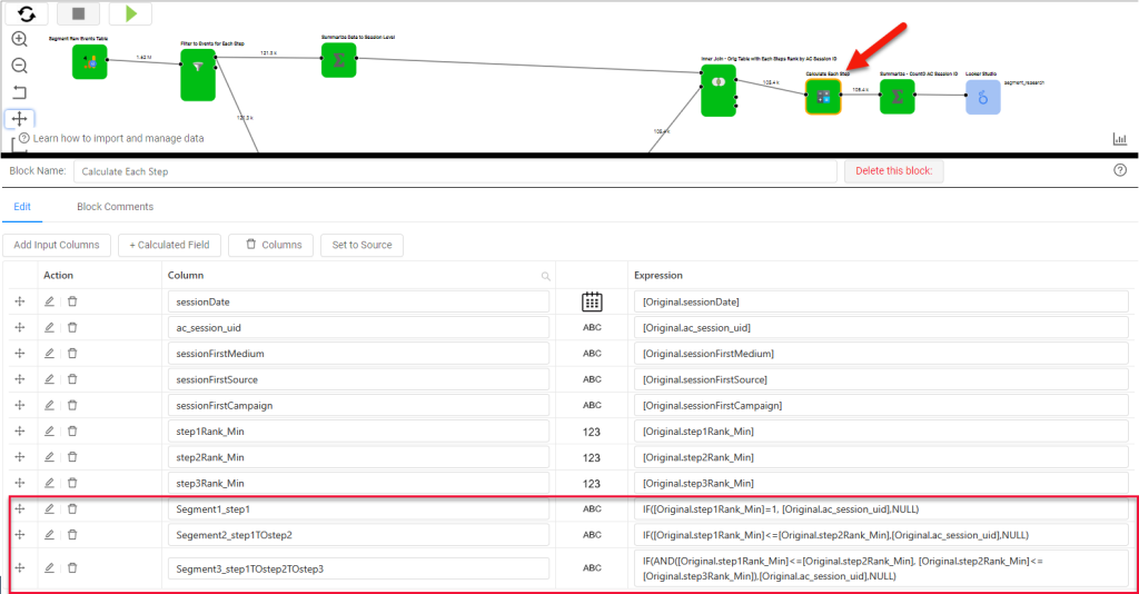 Showing the entire canvas for the segment build, highlighting the Calculation block where we build our segments, using calculation above. 