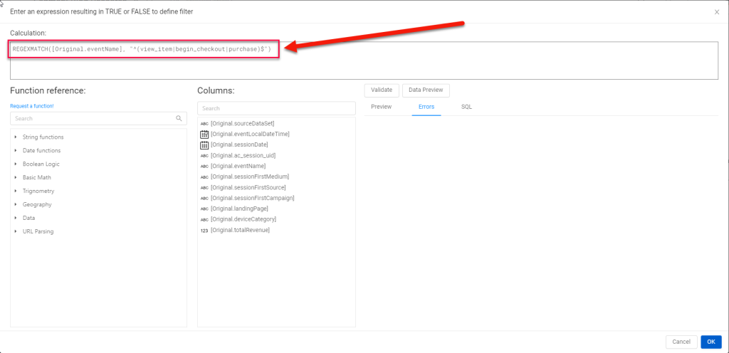Image of Analytics Canvas filter block showing us filtering down to just the view_item, begin_checkout, purchase events. 