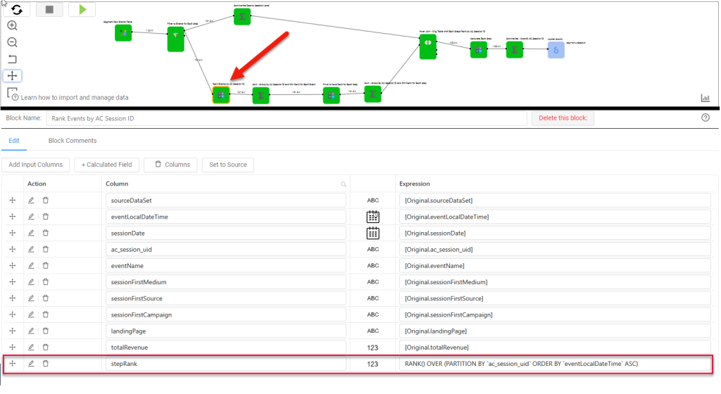 Showing the entire canvas for the segment build, highlighting the block where we calculate the RANK.