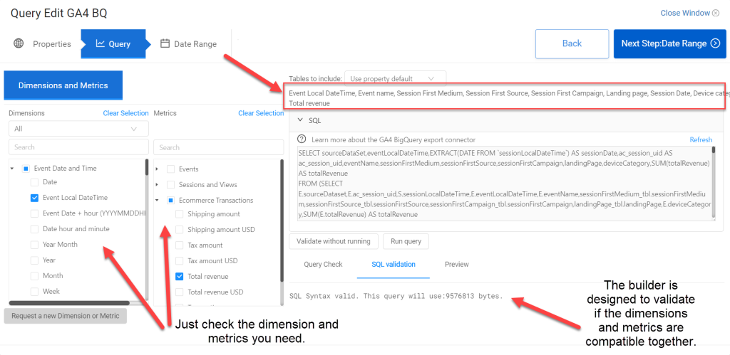 Showing an image of the Google Analytics 4 BigQuery Builder in Analytics Canvas where we are selecting the dimensions and metrics. 