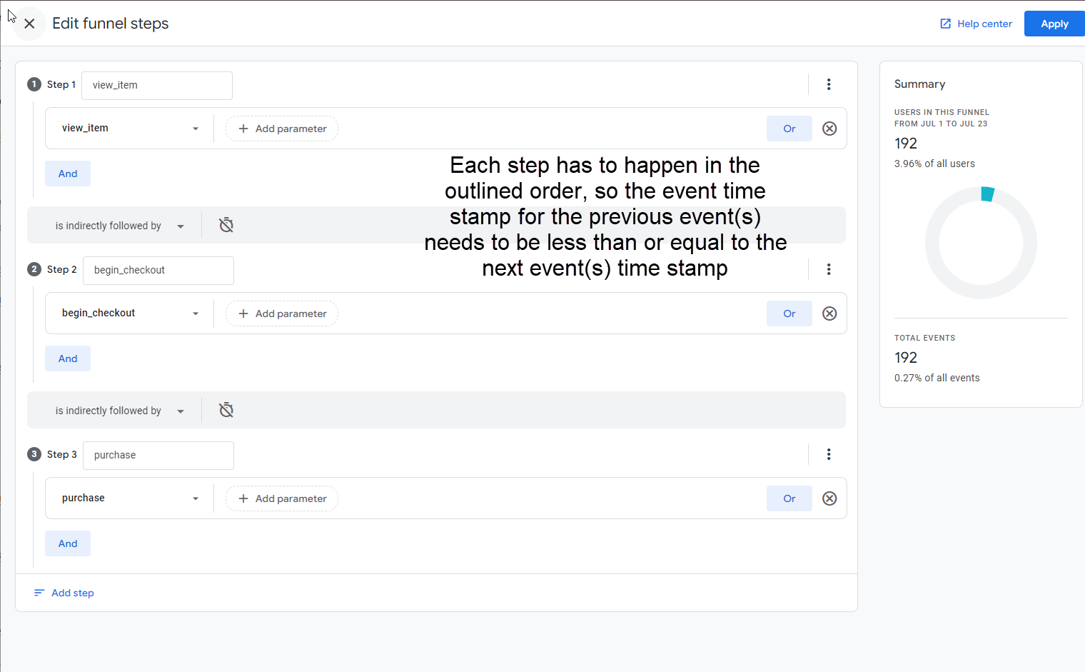 Showing the ecommerce funnel exploration in the Google Analytics 4 User Interface funnel exploration steps configuration.
