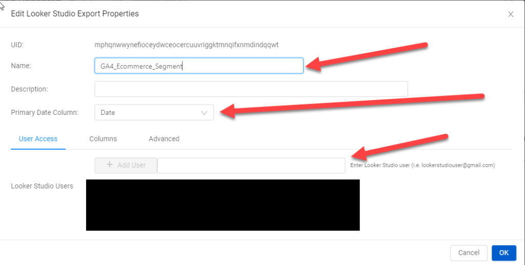 Showing the configuration of the Looker Studio export block in Analytics Canvas. 