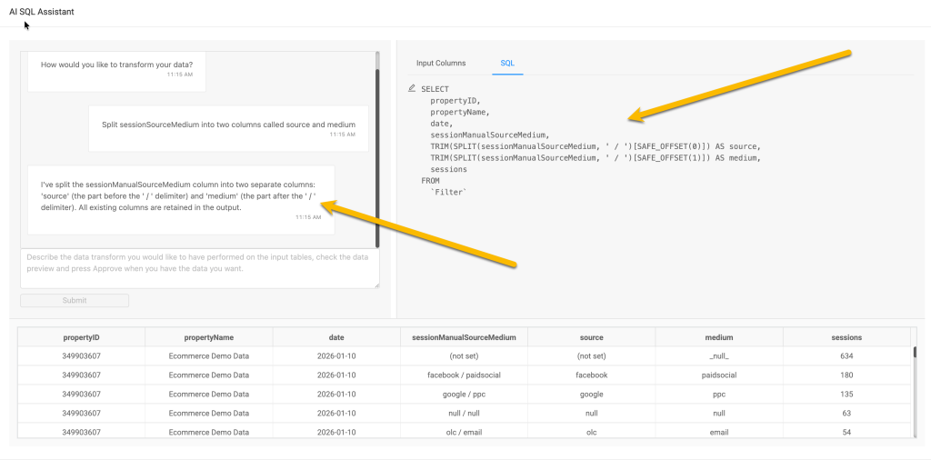Image showing Analytics Canvas data transformation block with SQL created from prompt.