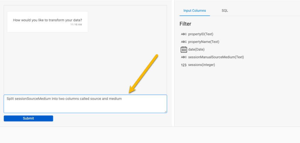 Image of data transformation block in Analytics Canvas showing the split sessionSourceMedium into two columns called source and medium prompt.