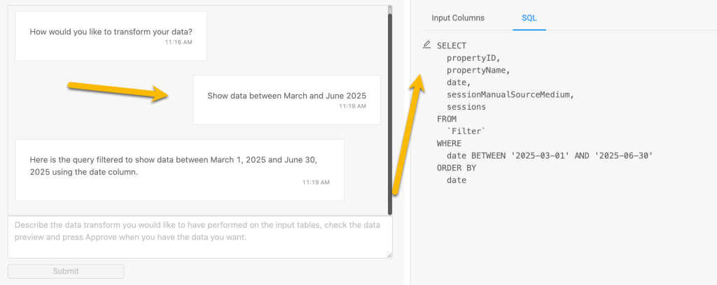 Analytics Canvas data transformation block showing the prompt to show dates between March and June 2025, along with the query generated by AI block.